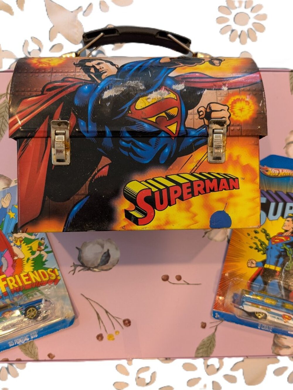 Superman Lunch/Hot Wheels/Junk Box and Two Collectable Superman Hot Wheels Cars